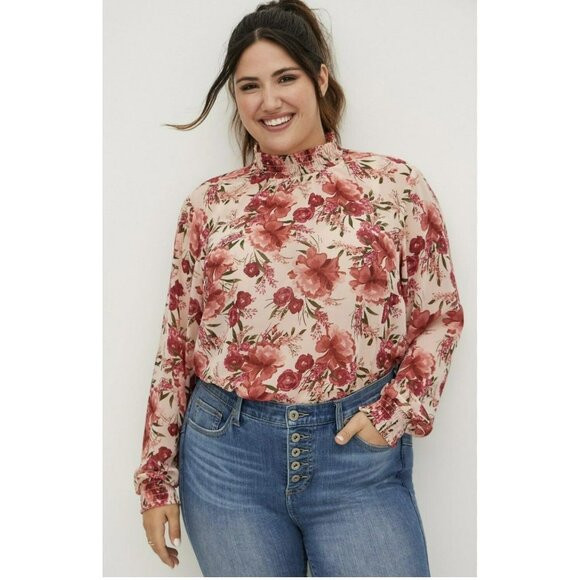 Torrid Blouse Womens Plus Size 5X Chiffon Mock Neck Long Sleeve Floral Top - Picture 2 of 8